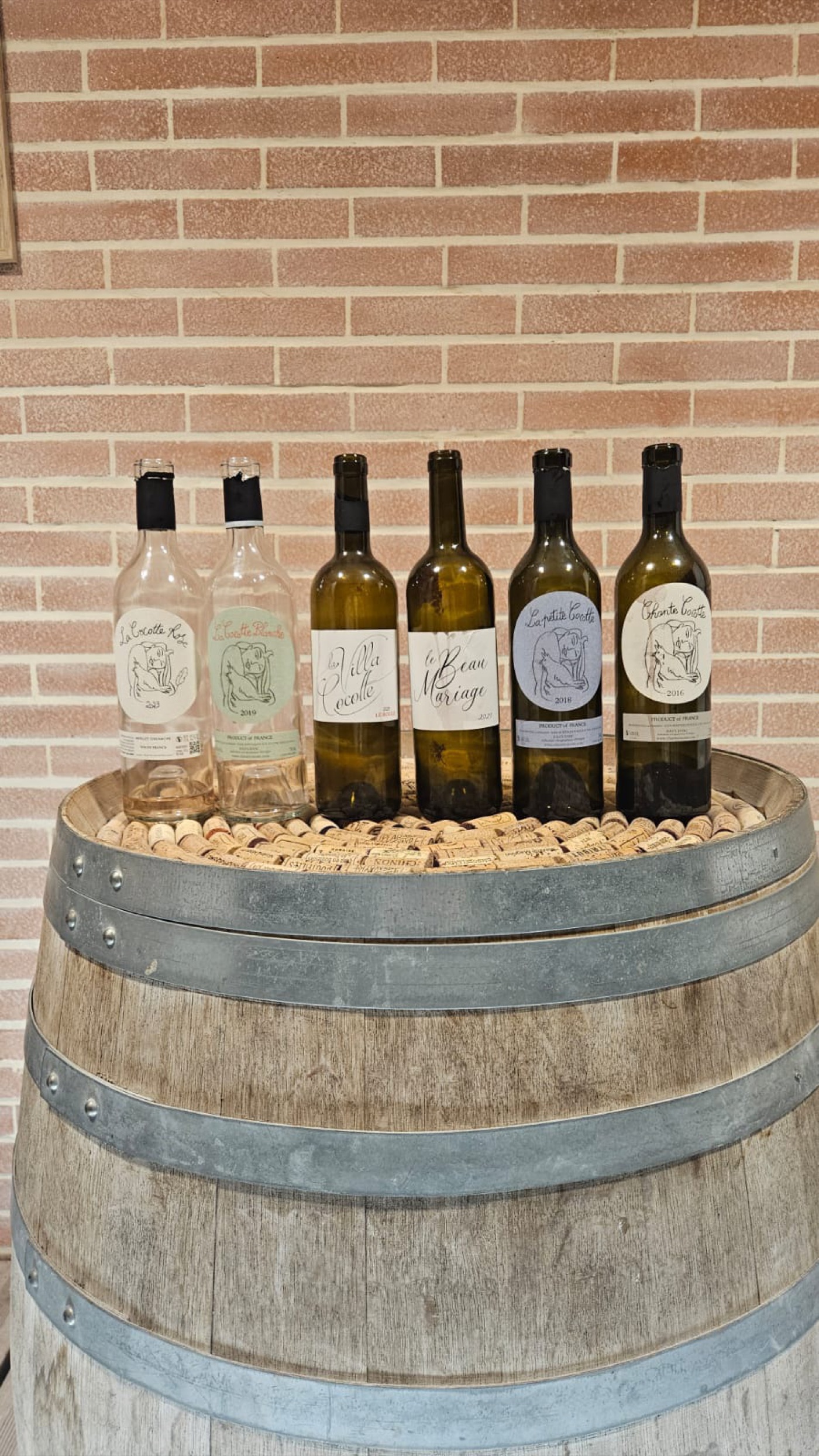 The Chante Cocotte range lined up on a barrel: La Cocotte Rosé, La Cocotte Blanche, La Villa Cocotte, Le Beau Mariage, La Petite Cocotte and Chante Cocotte